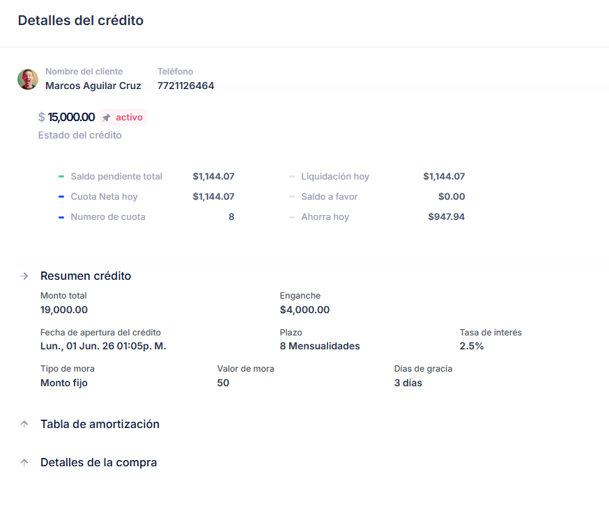 Módulo de créditos — lista con status activo y liquidado